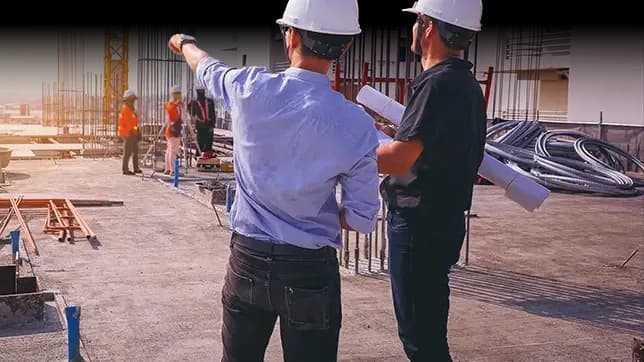 Dos ingenieros revisando planos en terreno