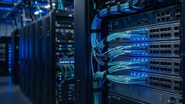 Rack de comunicaciones con patchcords de fibra conectados